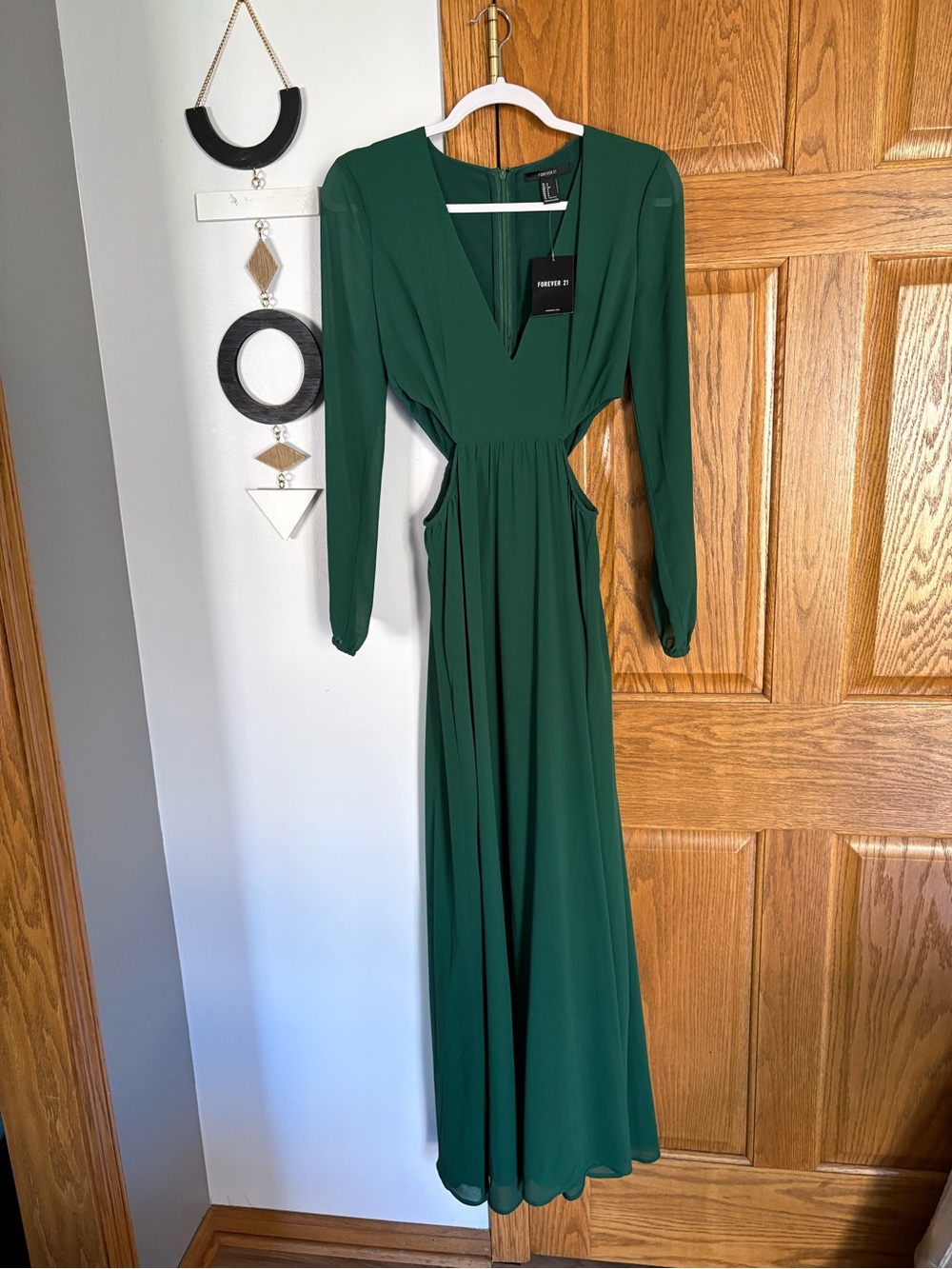 Forever 21 Dark Green Long Sleeve Cutout Maxi Dress